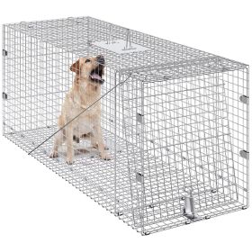 Live Animal Cage Trap, 42" x 16" x 18" Humane Cat Trap Galvanized Iron, Folding Animal Trap with Handle for Stray Dogs, Armadillos, Raccoons, Marmots